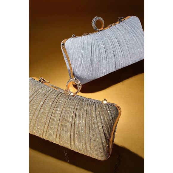 Womens Golden Glitter Clutch Purse Pleated Evening Bag for Bridal Wedding